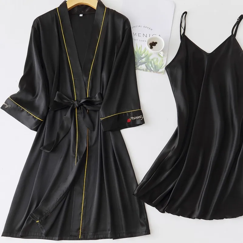 Nightdress Summer Thin Pajamas Women's Sexy Suspender Nightgown Two Piece Set Home Clothes V-neck Ice Silk Pajamas Women's Robe