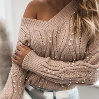beaded casual autumn tops 2021 fashion cut out lace up knit sweater women winter sweaters long sleeve v neck pullover clothing