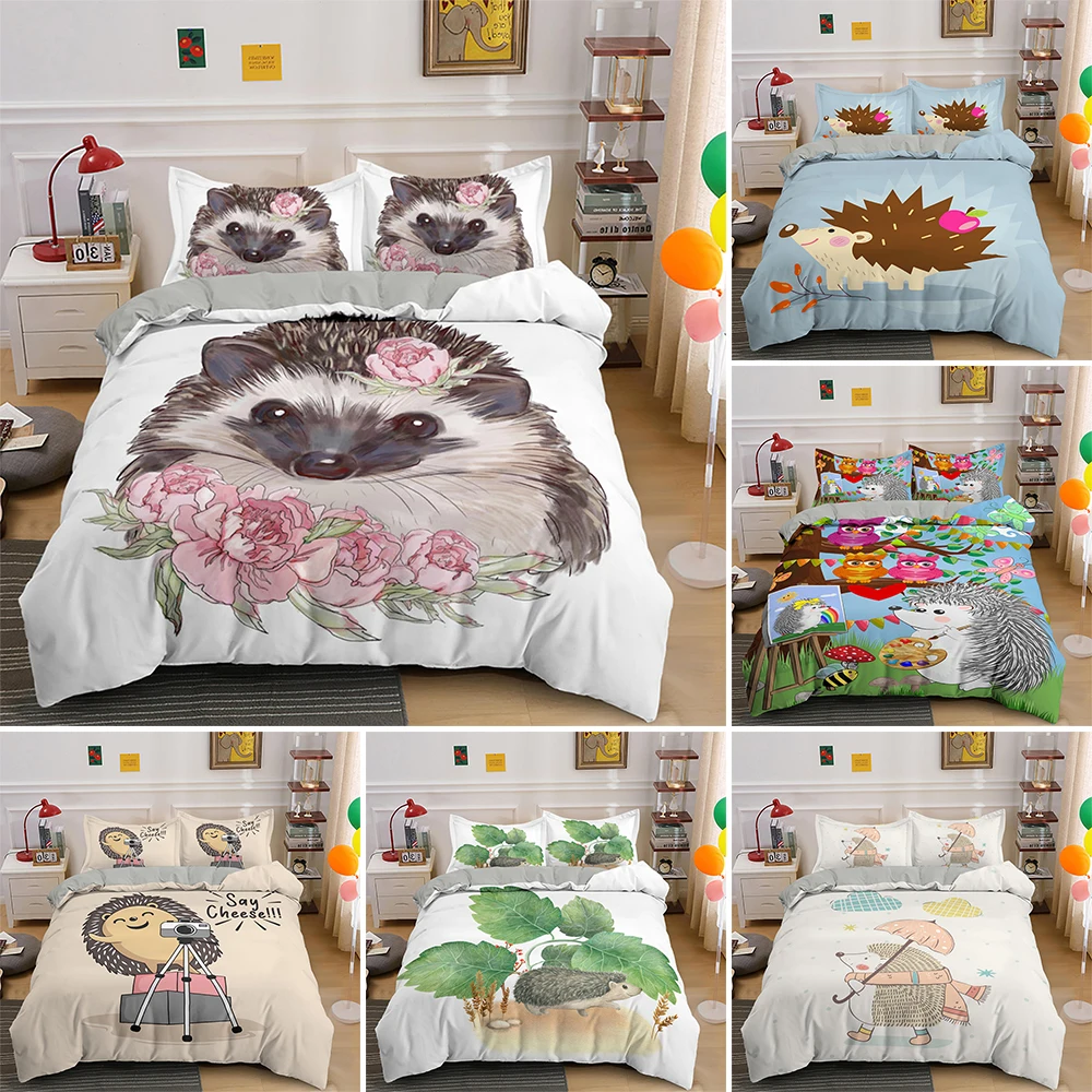 

Popular Cute Animal Bedding Set 3d Cartoon Hedgehog Quilt/Comforter Cover Set With Zipper 2/3pcs Full Size Boys Girls Bedclothes