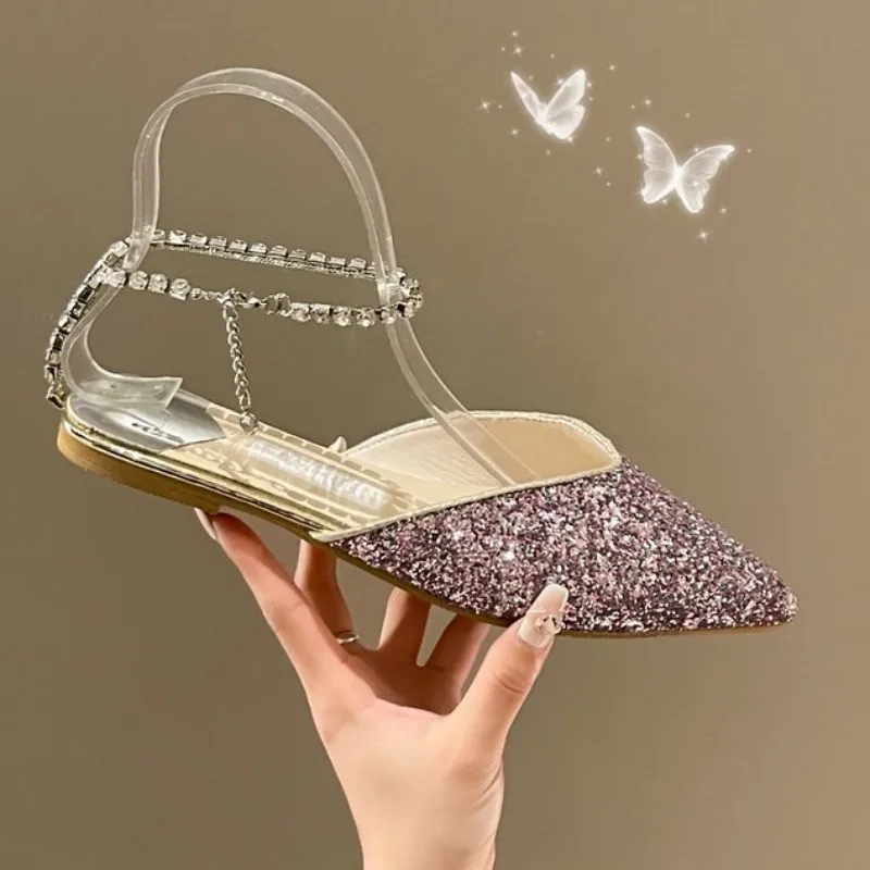 

Женские босоножки с острым носком, туфли на плоской подошве с кристаллами, модная обувь, Новинка лета 2023, туфли Мари Джейн в стиле "Лолита", ук...