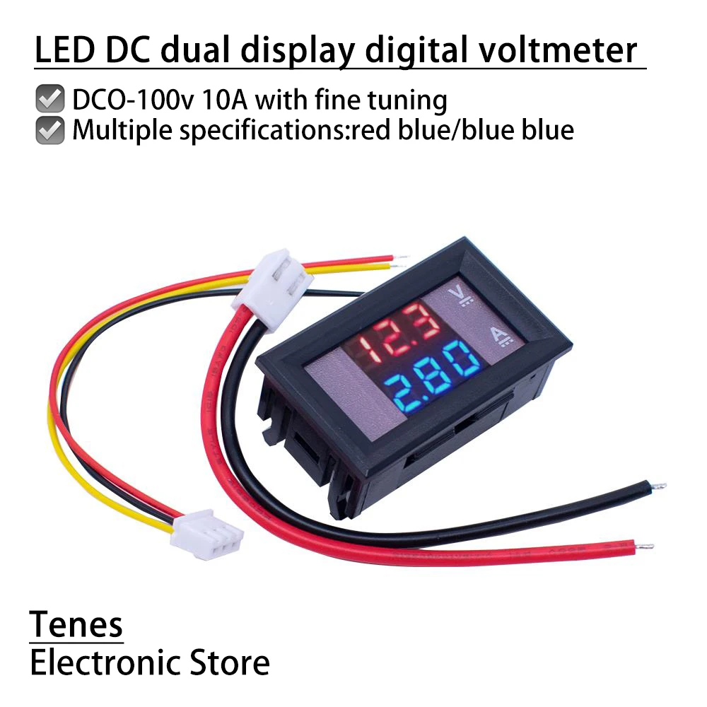 

DC 0-100V 10A Digital Voltmeter Ammeter Dual Display Voltage Detector Current Meter Panel Amp Volt Gauge 0.28" Red Blue LED