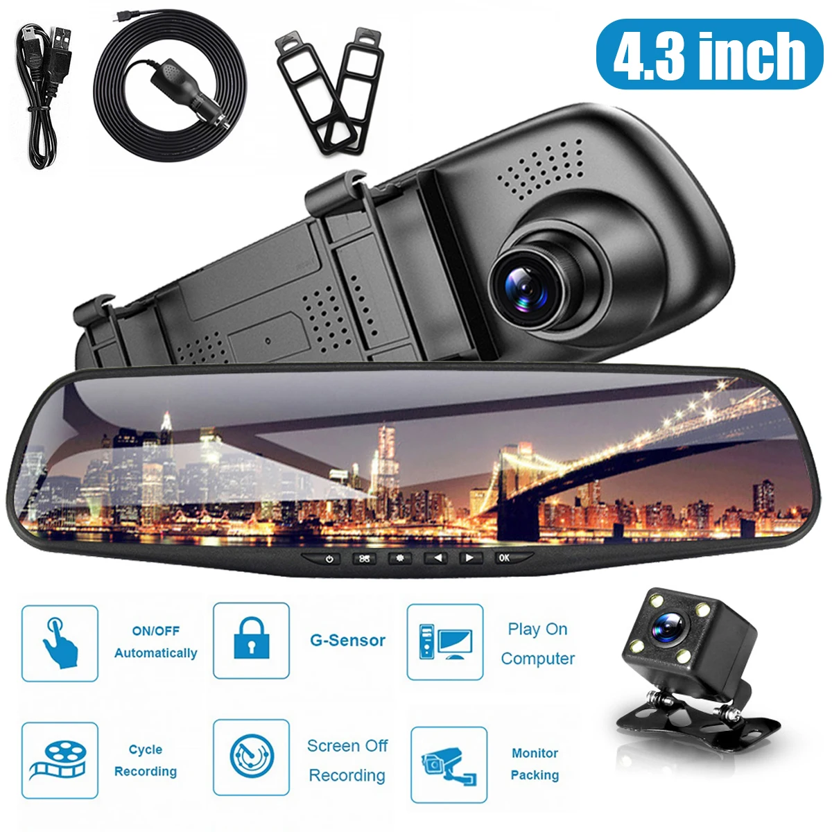 

4.3 Inch LCD DVR Car Driving Recorder 170° Wide Angle Dual Lens Driving Recorder Front and Rear Dashboard Camera Video Full HD