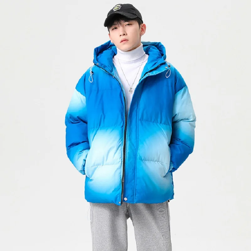 Men's Fashion Gradual Color Hooded Cotton Jacket Winter Loose Thermal Jackets Youth Outdoor Sports Coats Men Clothing