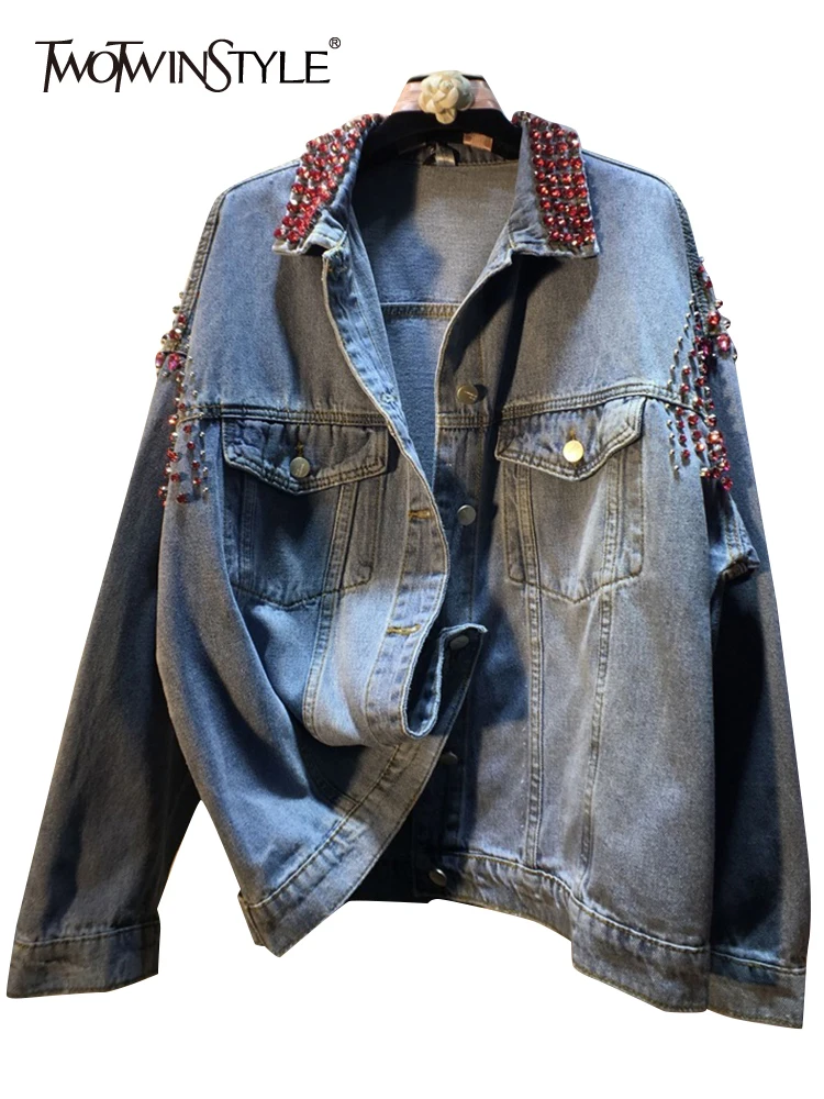 

TWOTWINSTYLE Casual Patchwork Diamonds Jacket For Women Lapel Long Sleeve Solid Denim Jackets Female Fashion Clothing Style New
