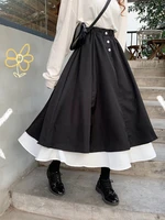 houzhou black mid calf skirt for women 2022 summer casual elegant vintage skirts patchwork harajuku high street female outfits
