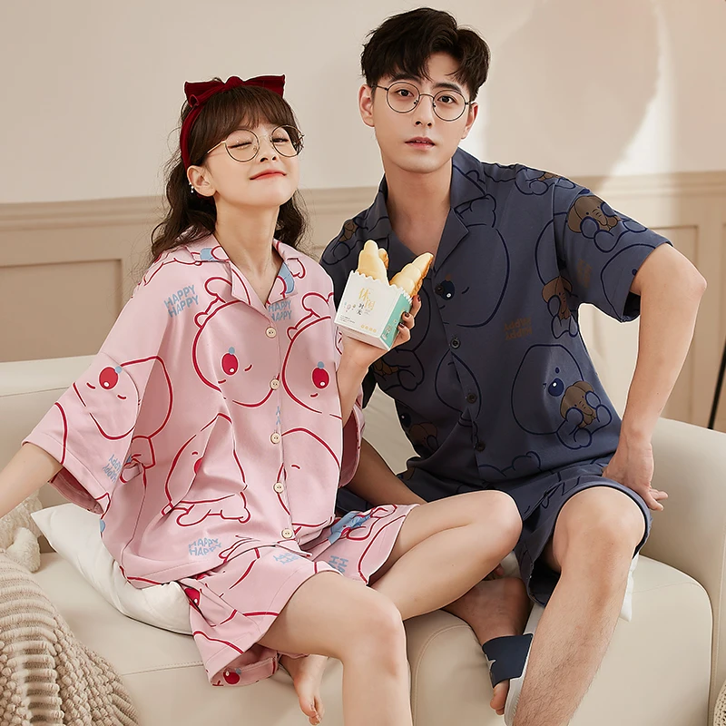 CAIYIER Cotton Couple Pajamas Set Summer Cardigan Short Sleeve Soft Men &Women Loungewear Sweet Cartoon Dinosaur Lover Nightwear