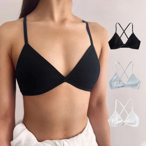 Comfort Cotton Bras Triangle Wireless Women Girl Thin Deep V Cup Sport Style Unlined Bralette Sexy Cross Back Lingerie