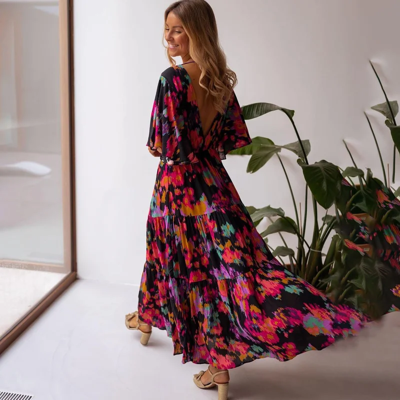 

Boho Print Butterfly Sleeve Vintage Maxi Dress Women Casual Deep V Neck Backless Robe Summer Ladies Beach Holiday Party Dresses