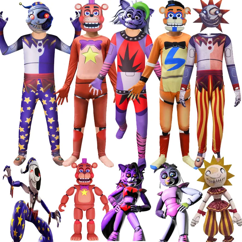

2023 Halloween Costumes for Kids Sundrop and moondrop Cosplay Boys Girls Birthday Party Clothing FNAF Character Jumpsuits+ Mask