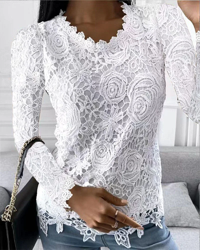 Autumn Women Fashion Solid Color T-shirts Casual Daily Wear Round Neck Sweet Blouse Plain Long Sleeve Lace Top  - buy with discount