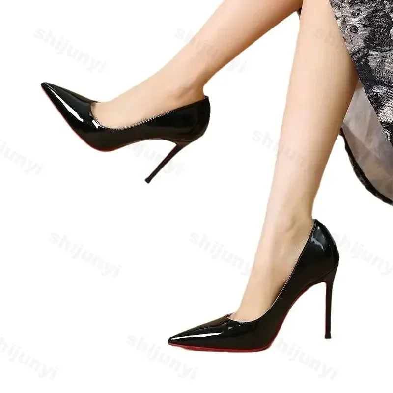 Black Patent Leather Pointed Toe Red Rubber Sole Women's High Heels Party Shoes Sexy Dress Stilettos 2025