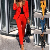 women yellow blazer elastic pants suit women fashion slim elegant suit jacket and pants 2 pieces matching set office lady wear