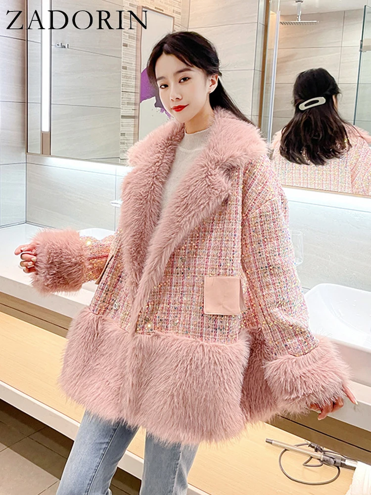ZADORIN Korean Style Sequined Women Faux Fur Coat Splicing Tweed Warm Long Sleeve Loose Pink Blue Fluffy Jacket Fur Coats Women
