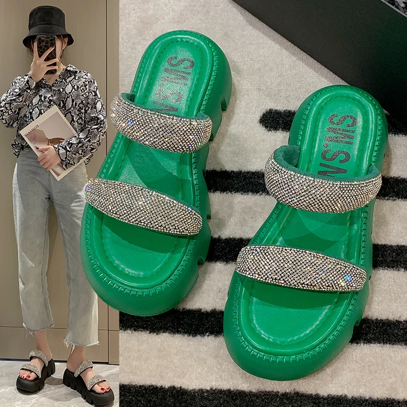 

Женские шлепанцы на плоской подошве, желтые туфли на платформе, мягкие летние шлепанцы с блестками, 2022