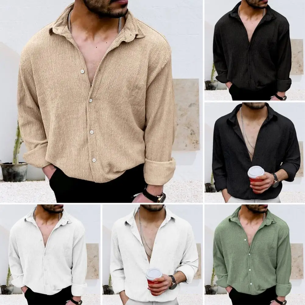 

Рубашка мужская однобортная, дышащая Стильная сорочка с длинным рукавом и отложным воротником, простая мягкая повседневная одежда, весна-осень