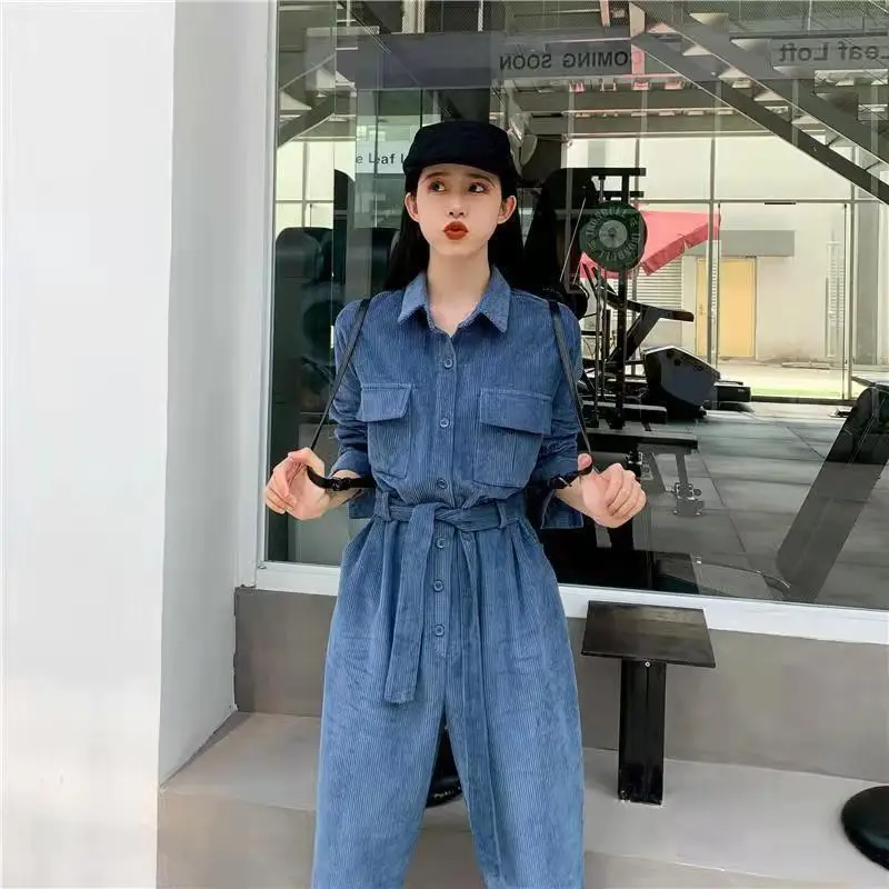 

Vangull Fashion Female Loose Sashes Overalls Playsuits Vintage Corduroy Women Jumpsuits Long Sleeve High Waist Wide Leg Playsui