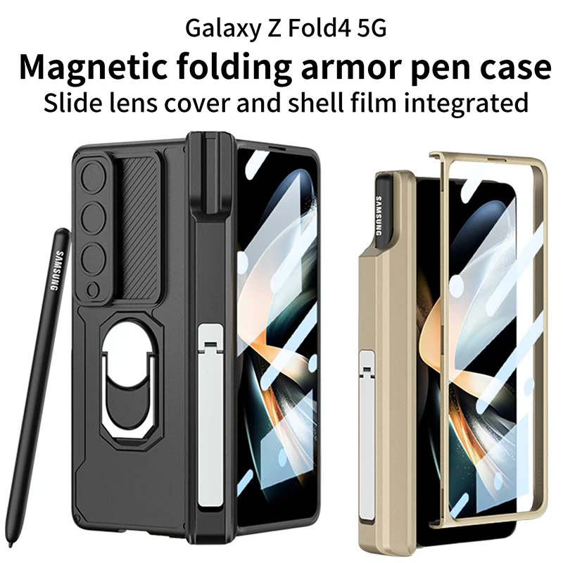 

Magnetic Armor Pen Holder Case for Samsung Galaxy Z Fold 4 5G Magnetic Hinged Case with Front Glass 2 Bracket Lens Cap For Fold4