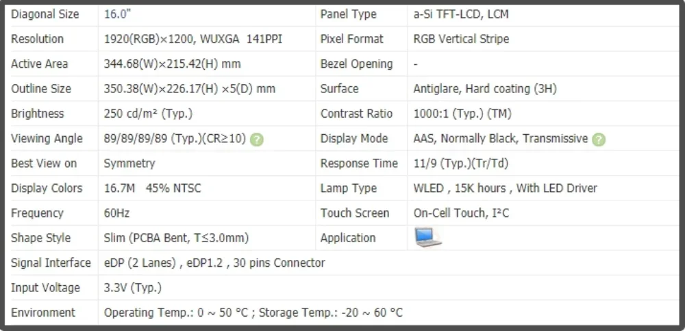 N160JCN-EEK 16-дюймовый ЖК-экран для ноутбука 30-контактная IPS-панель FHD 1920x1200 60 Гц без