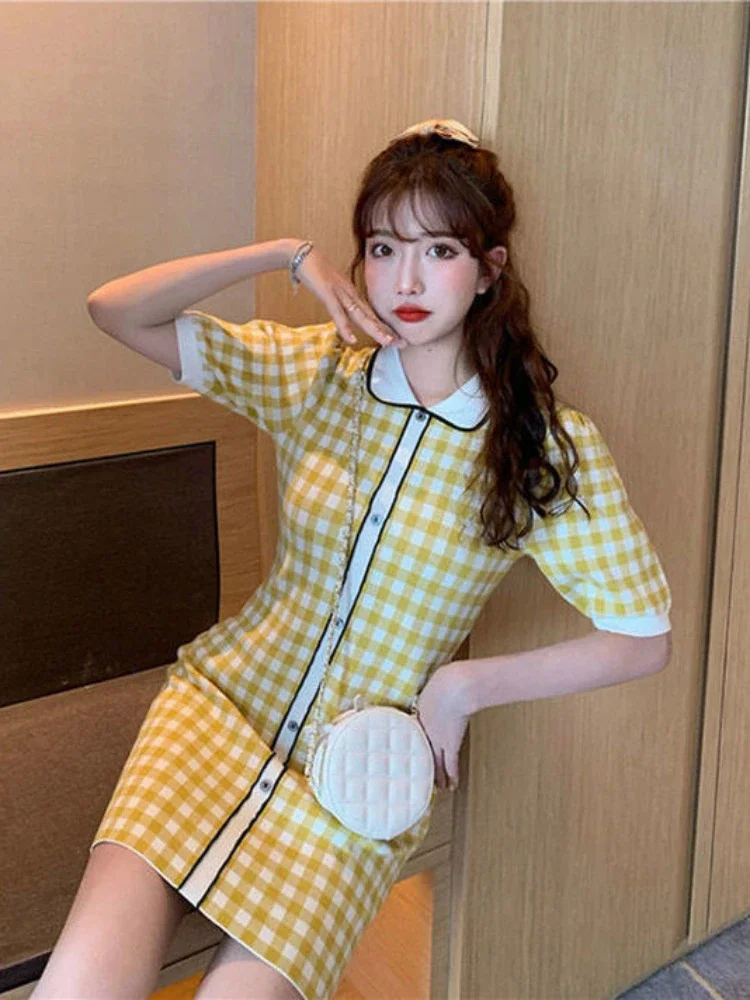 Винтажное клетчатое трикотажное платье Woherb женское летнее однобортное