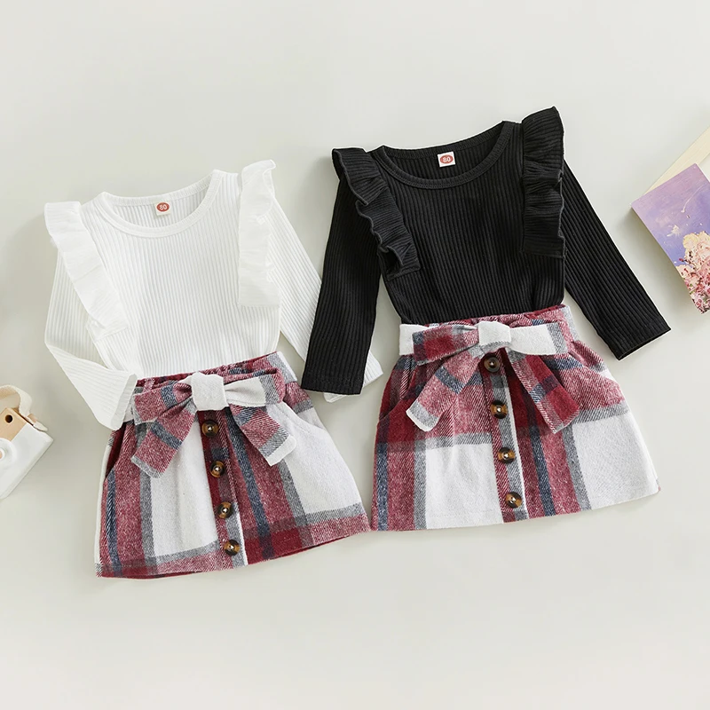 

Mildsown юбка для маленьких девочек с длинным рукавом, вязаный пуловер в рубчик с оборками, топы с поясом, клетчатая Вельветовая юбка, комплект из 2 предметов