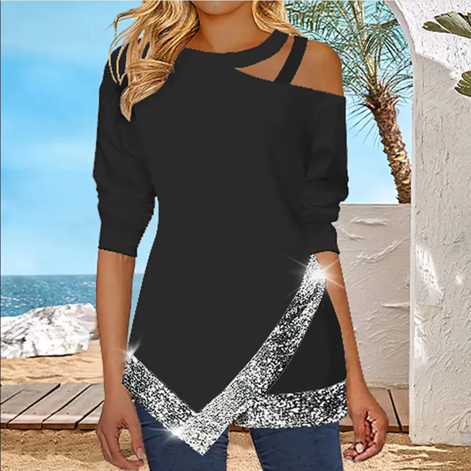 

2022 New Halter Neck Off-shoulder Irregular Sequin Long-sleeved Fashion Casual Top футболка смешная Women Clothing