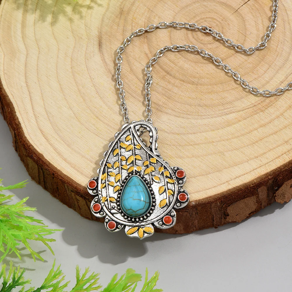 

Bohemia Vintage Inlaid Turquoise Willow Leaves Irregular Necklace for Women Jewelry Accessories Mothers Day Gift