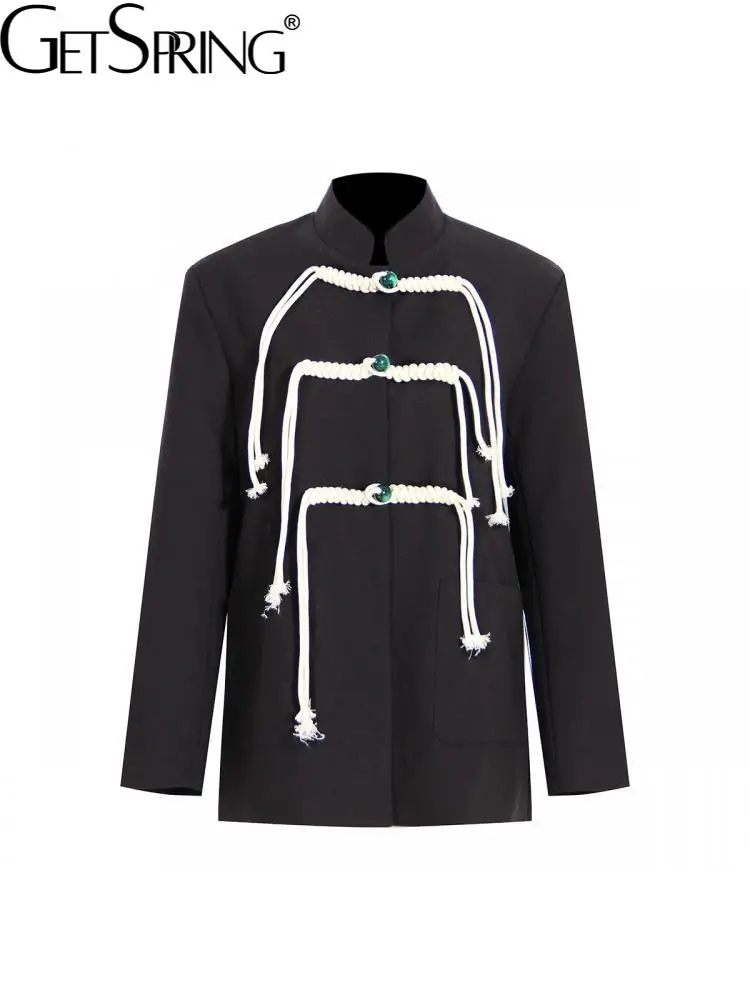 

GetSpring Women Blazer Stand Collar Single Breasted Long Sleeve Ladies Black Suit Coat Retro Women's Suit Jacket Spring 2022 New