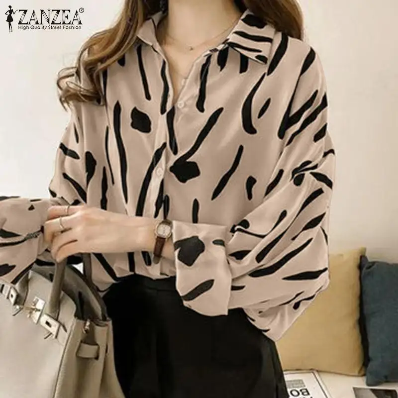 

2022 Casual Long Sleeve Lapel Neck Shirt Korean Style Blouse Women ZANZEA Elegant Button Print Blusas Mujer Femininas Office Top