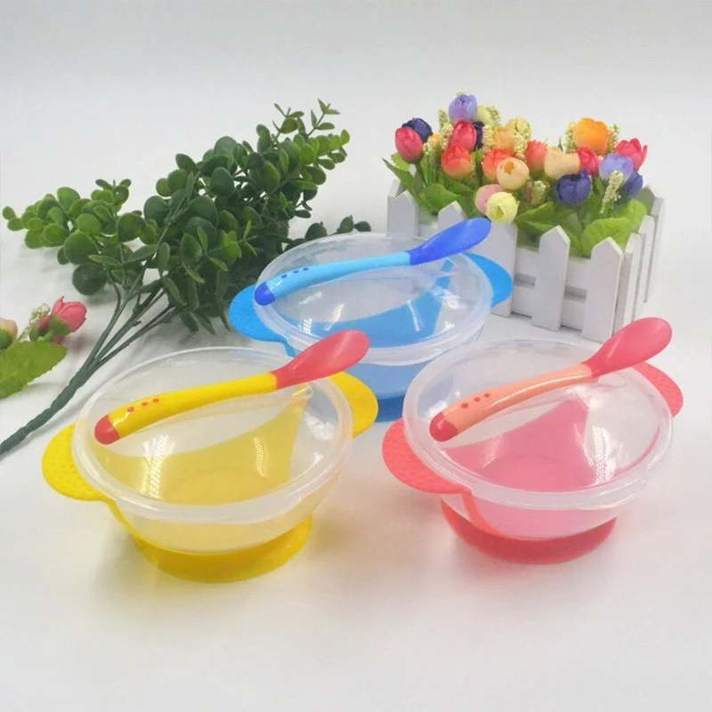 

Fashion New Baby Tableware Dinnerware Suction Bowl With Temperature Sensing Spoon Baby Food Baby Dinner Feeding Bowls Dishes