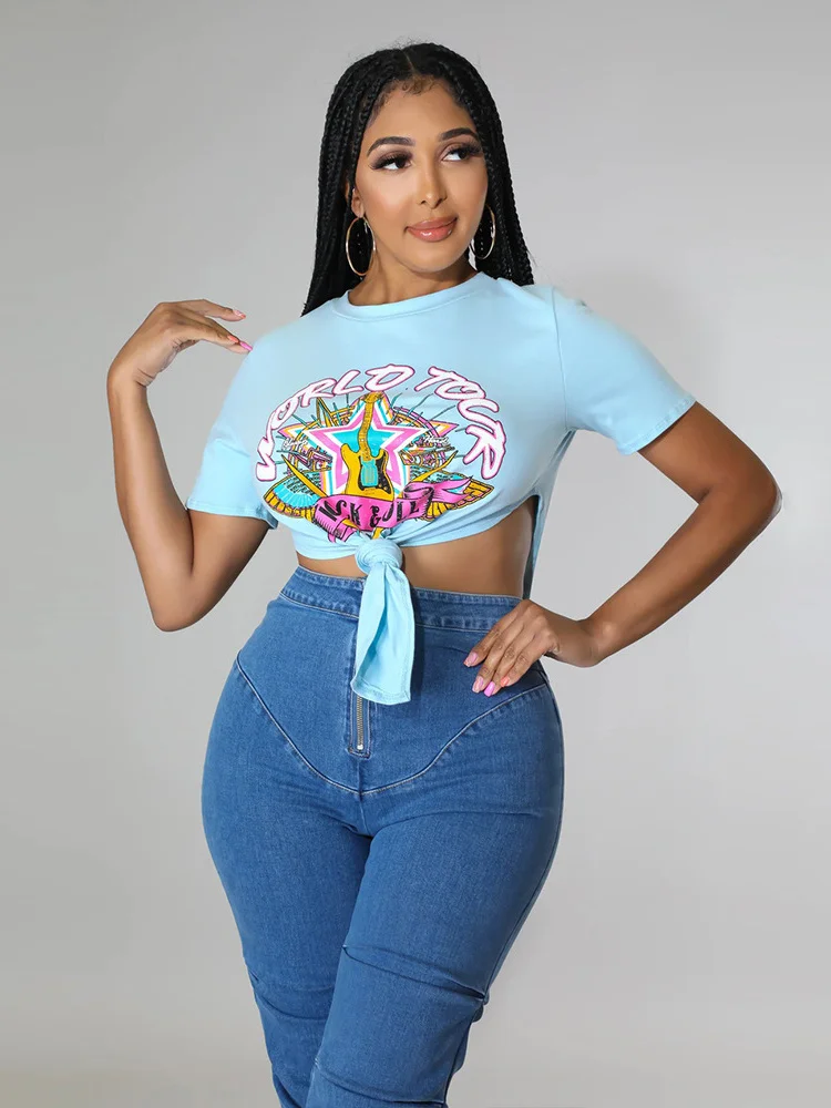 

WJFZQM Blue Graphic Tshirts Short Sleeve T Shirts Tops Women Streetwear Asymmetrical Tee T Shirts For Women Summer Clothes 2022