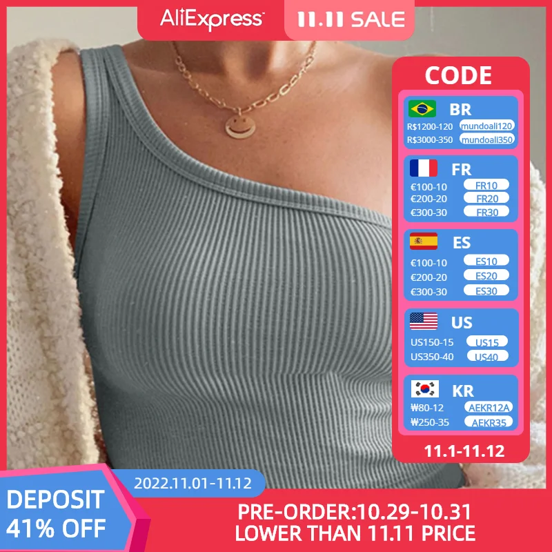 

Women's Casual Solid Color Rib Knitted Vest Single Shoulder Straps Summer Slim Stretch Wild Basic Exposed Navel Tank Tops