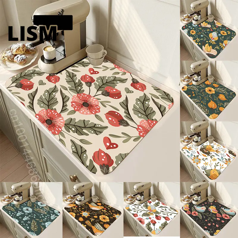 

Kitchen Super Absorbent Drain Pad Dish Drying Mat Rubber Draining Pad Restroom Printed Dinnerware Cup Bottle Rug Tableware Mats