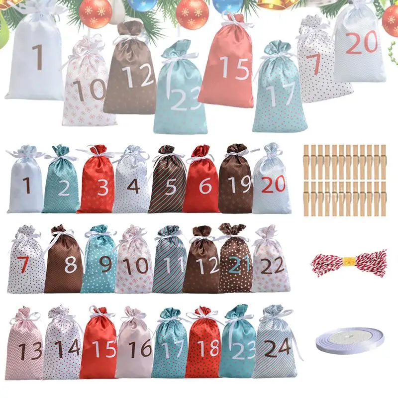 

Сумка с календарем для нового года, нежная Рождественская сумка с календарем, рождественские атласные сумки многоразового использования «сделай сам», обратный отсчет со шнурком для