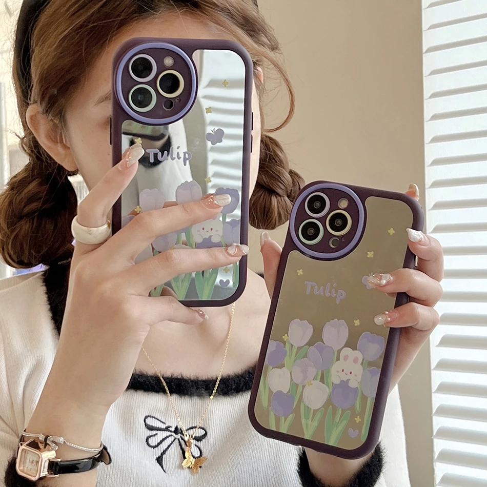 

For iPhone 14 Pro Max Case Blue Tulip Bunny Round Hole Mirror Case For iPhone 13 12 11 Pro Max Shockproof Soft Cover