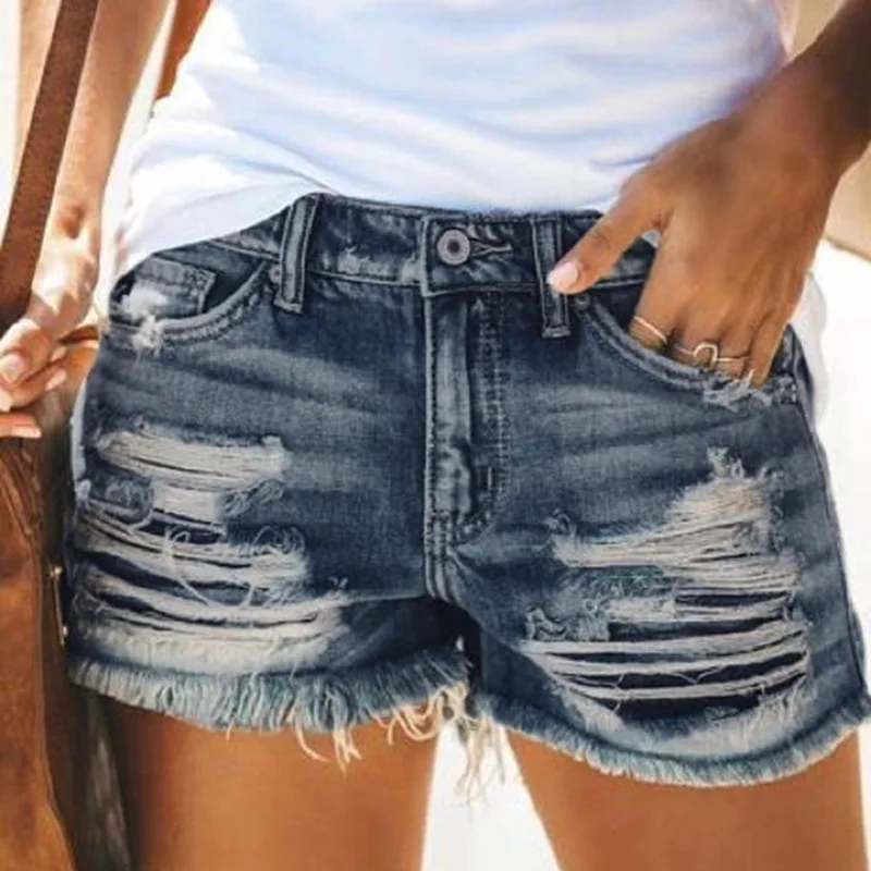 

2023 New Women High Rise Distressed Stretchy Jean Shorts Ripped Hole Denim Short Jeans