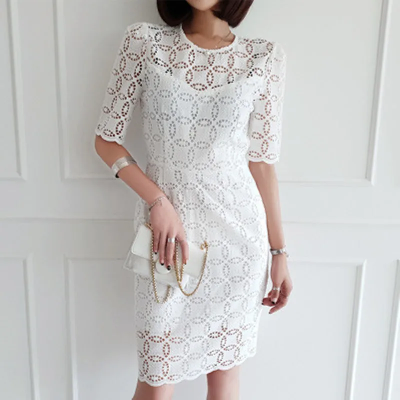 

New Korean Version Temperament Slim Lace Dress Women's Simple Elegant Party Dresses Fashion Hollow Out White Office Vestidos
