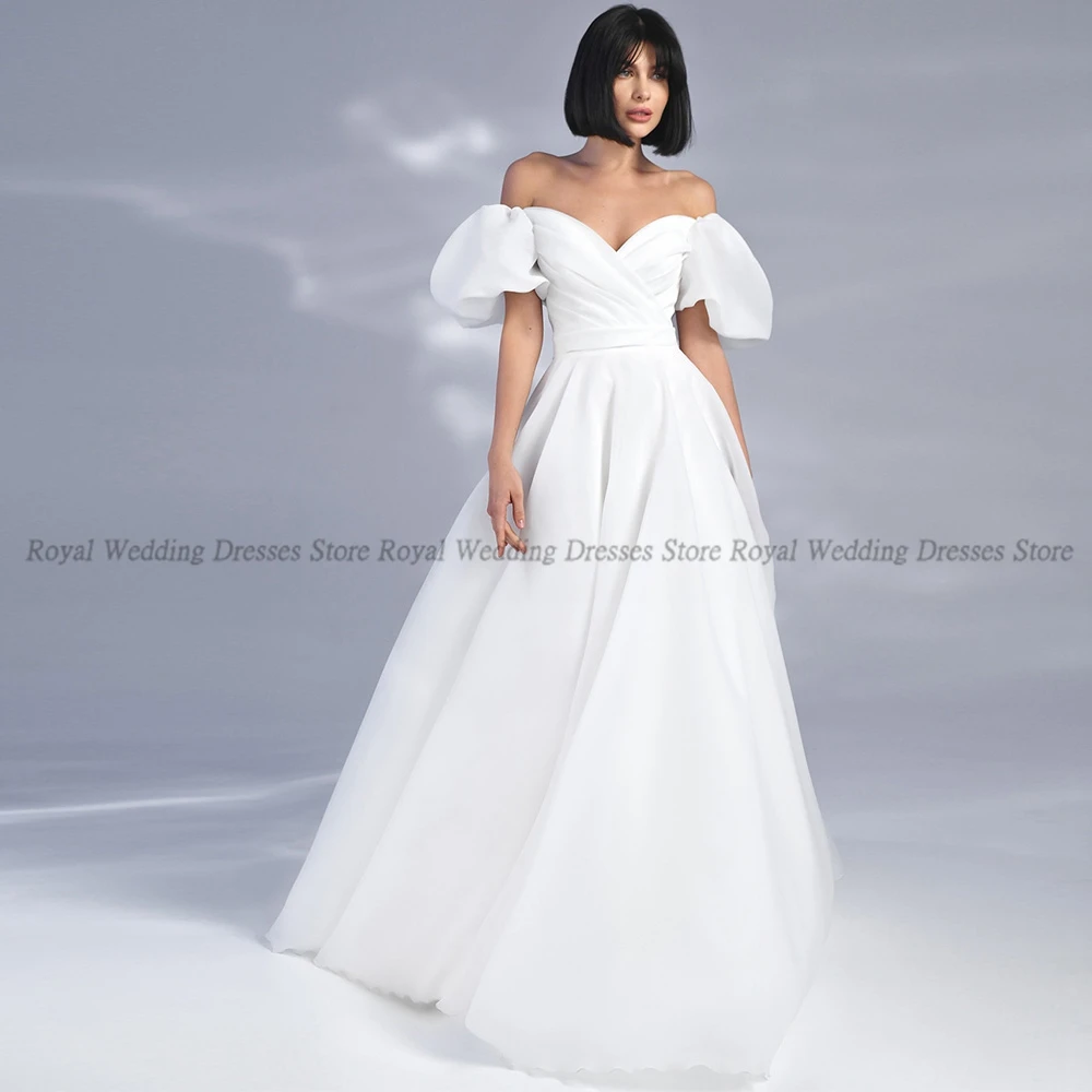 

RANMO Simple A Line Wedding Dresses Off-the-shoulder Puff Sleeve Criss-Cross V Neck Open Back 2022 Floor Length Gowns Robe De Ma
