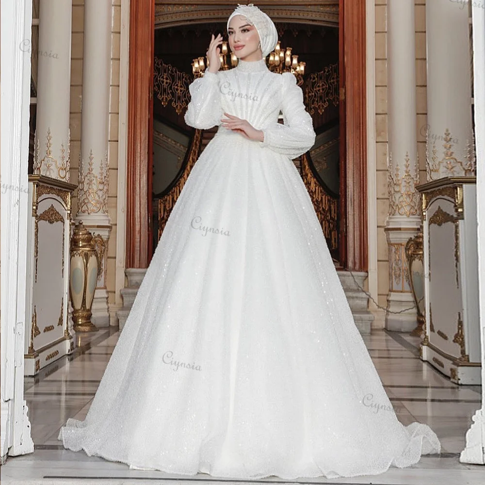 

Ciynsia Glitter Sequin Dubai Luxury Wedding Dress with Sleeves Arabic White Muslim Hijab Bride Dresses for Women Classy