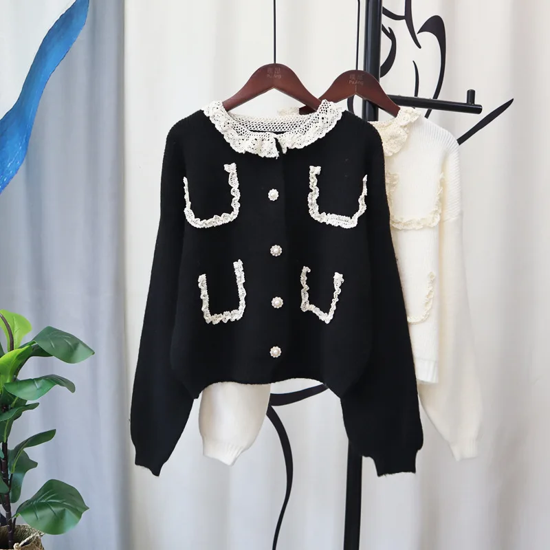 

ROENICK Women's Lace Stitching Knitted Cardigan Female Chic Korean Style Loose Fashion Sweaters Coats O-neck Long-sleeve Jumpers