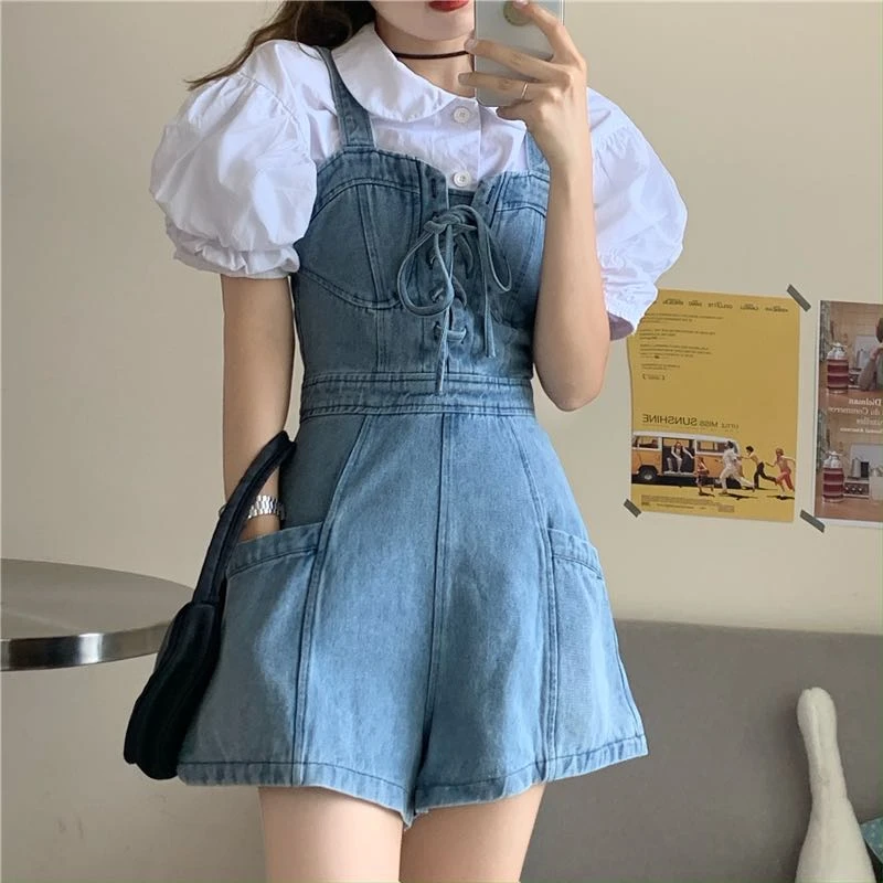 Sweet Women New Short Denim Jumpsuit Romper Women Spring Summer Overalls Female Casual All-Match Japanese Short Playsuit Korean