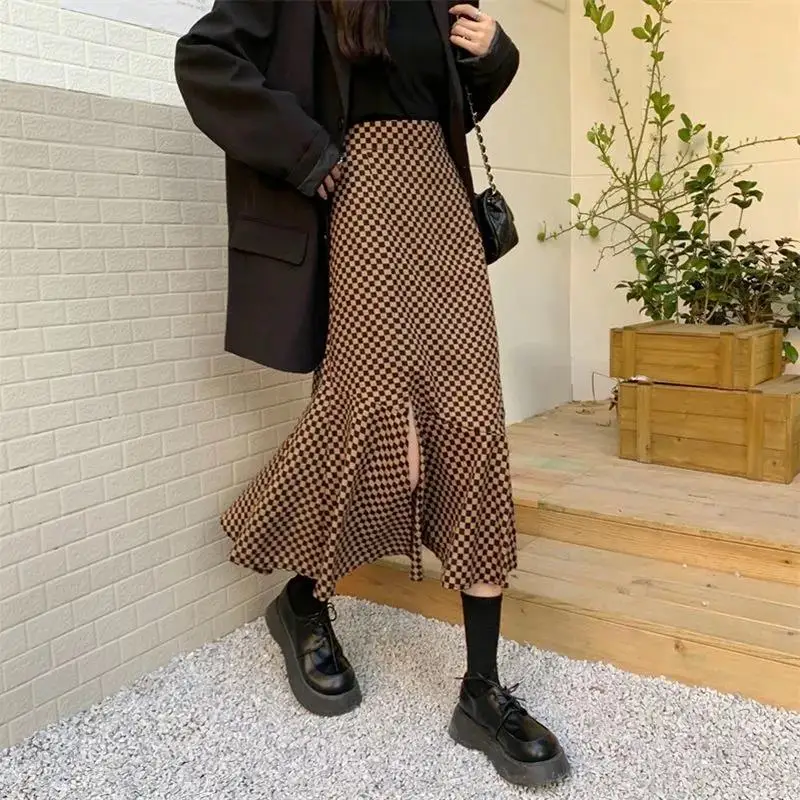 

Slim Vintage High Waist Plaid Mermaid Skirt Women side Split Autumn Mid Faldas Mujer Fashion OL Temperament Trumpet Sexy Street