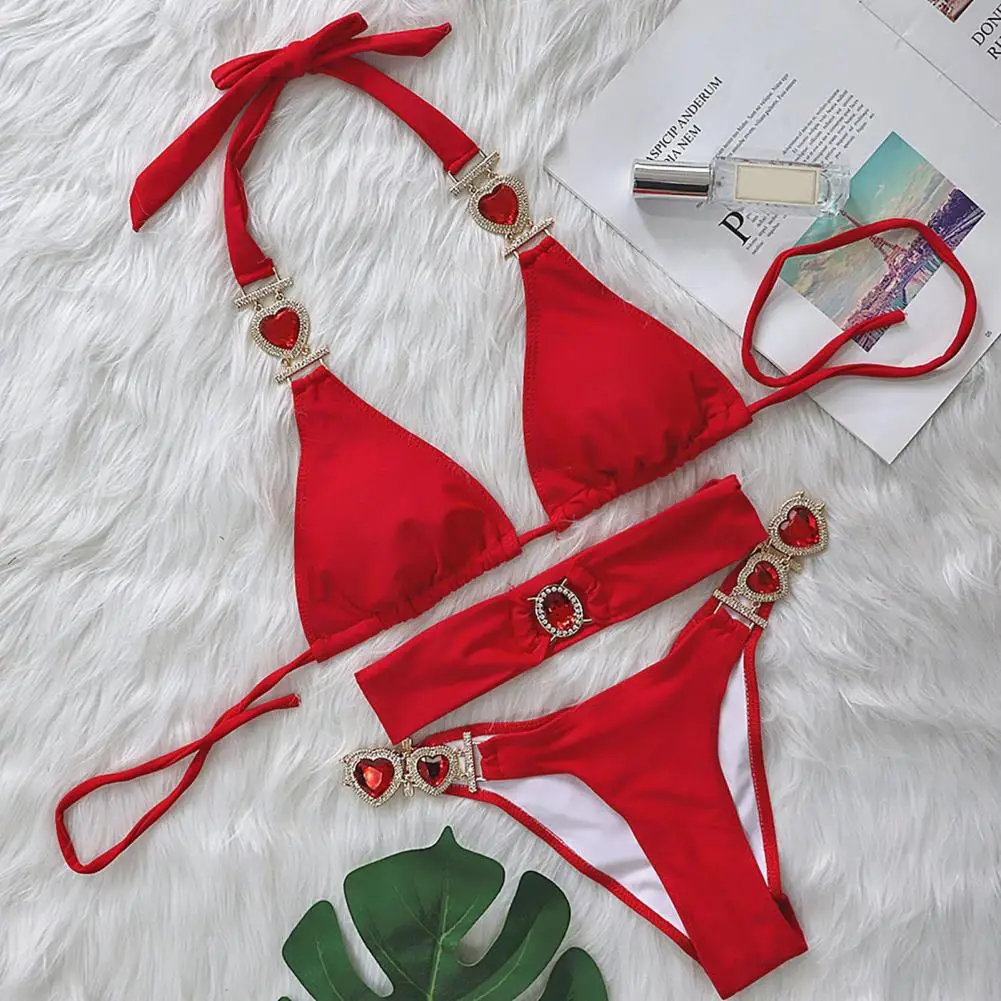 

2Pcs/Set Sexy Bikini Wire Free Bathing Suit Halter Swimsuit Pure Color Bikini Set