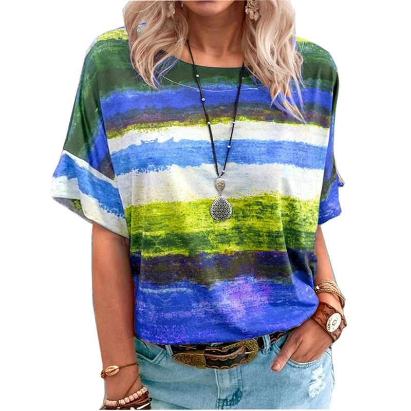 

2022 Summer Oversized Women T Shirts Short Sleeve O-Neck Tie Dye Striped T Shirt Loose Casual Streetwear Tops Plus Size 4XL 5XL