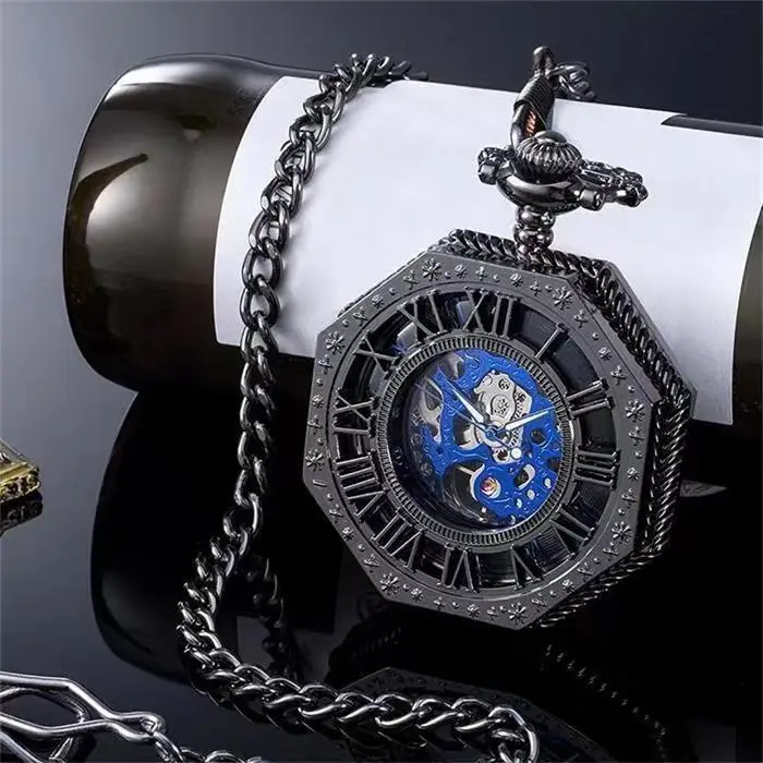 Vintage Charm Black Unisex Fashion Roman Number Quartz Steampunk Pocket Watch Women Man Necklace Pendant with Chain Gifts P427