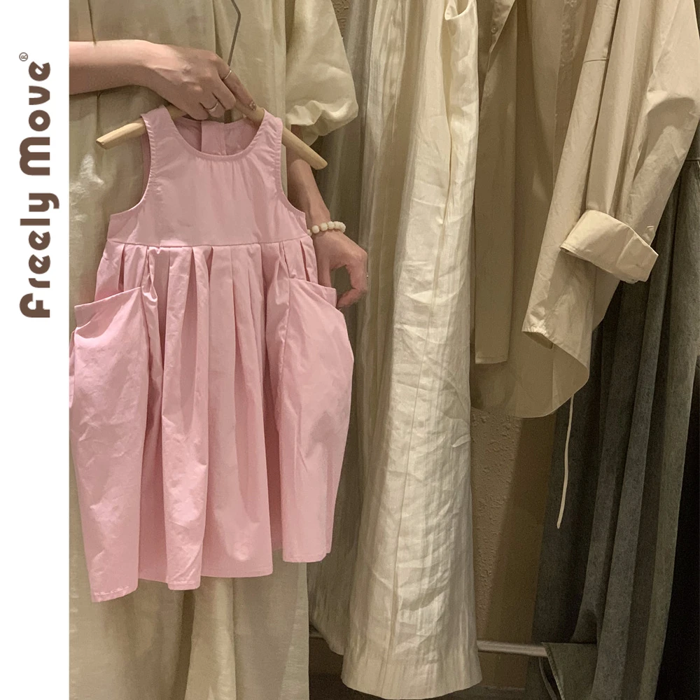 

2023 New Summer Girls Dress Sweet Baby Girls Princess Dress Solid Sleevfeless Pleated Pockets Vestidos Kids Clothing