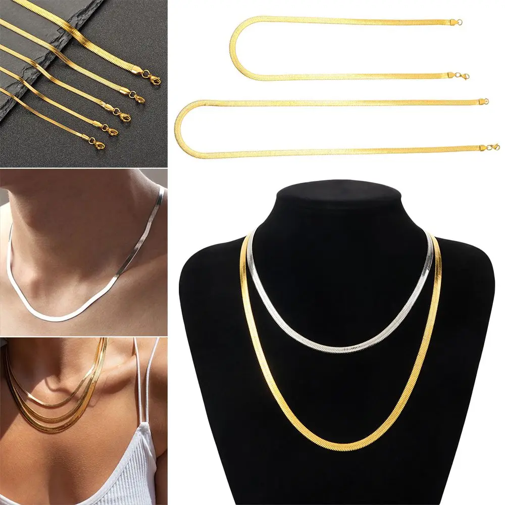 

Fashion Choker Stainless Steel Gifts Jewelry Snake Link Chain Gold/Silver Plated Herringbone Necklace Flat Snake Chain