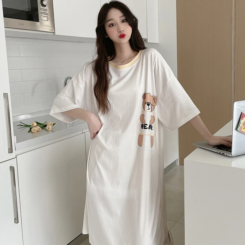 CAIYIER 2022 Summer Smile Print Women Kawaii Nightdress Sweet Style Casual Sleepwear Large Size 3XL Girl Nightgowns Home Clothes