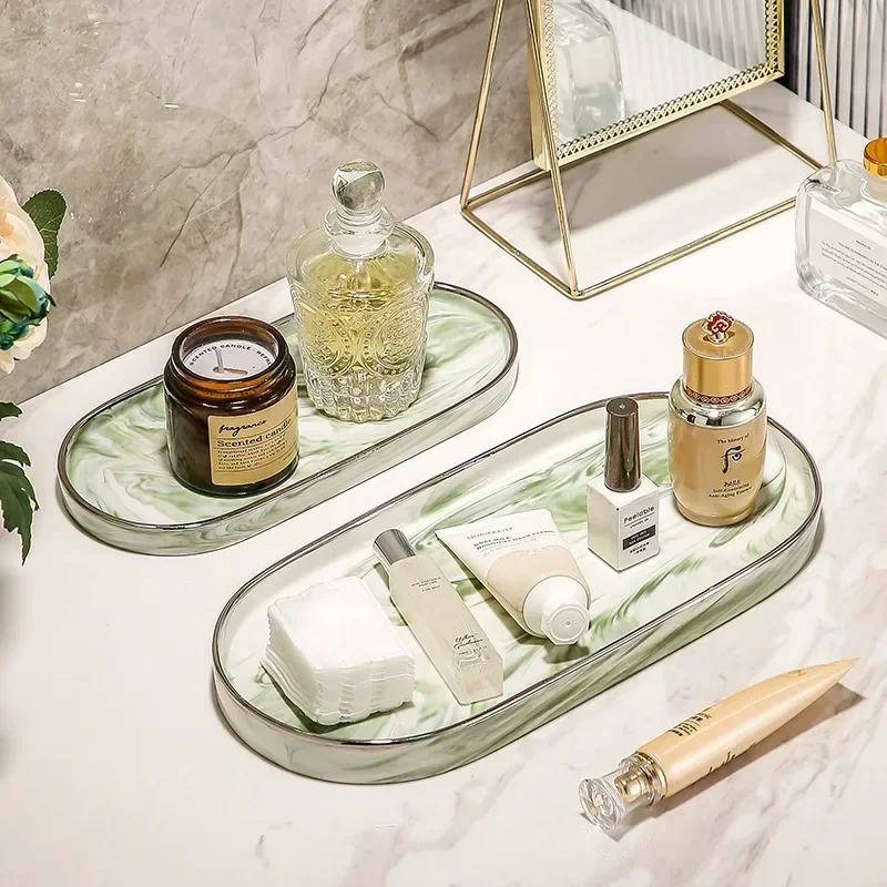 

Plate Storage Plate Tray Jewelry Ceramic Marble Bathroom Aromatherapy Tray Oval Decoration Cosmetics Multifunctional Tray Home