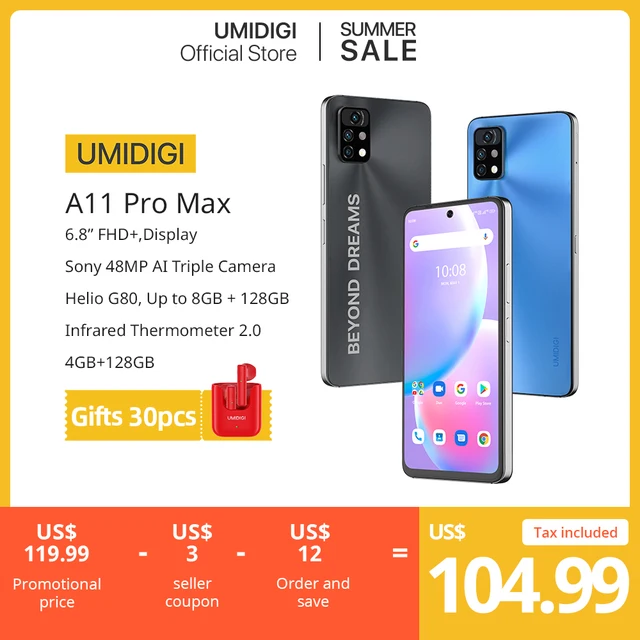 [In Stock] UMIDIGI A11 Pro Max Global Version Android Smartphone 6.8" FHD+ Display 128GB Helio G80 48MP Triple Camera 5150mAh 1