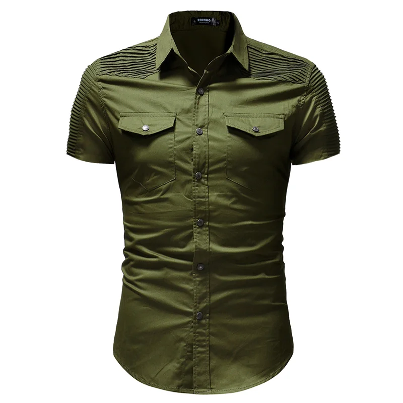 

Men Spring Summer Denim Thin Shirt Short Sleeve Soft Cotton Two Pockets Slim Slight Elastic pleated Jeans Cowboy Shirt male tops